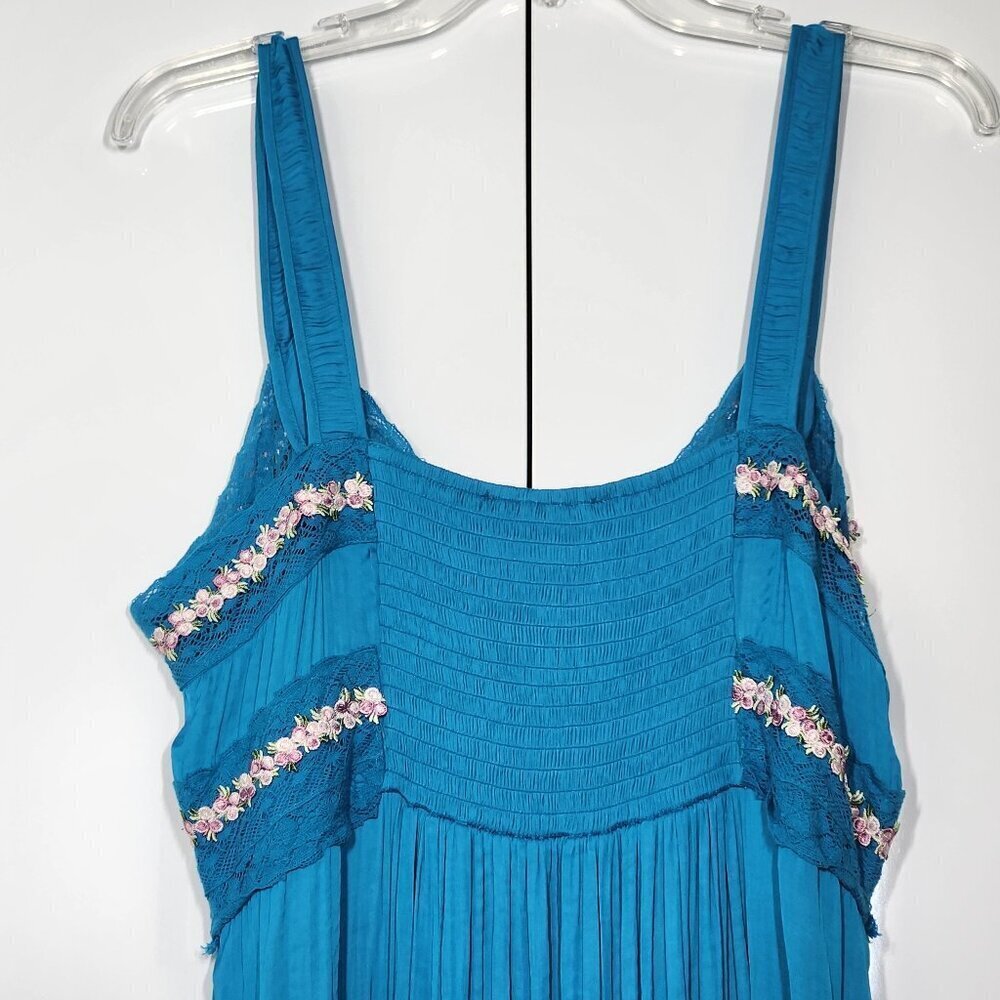 Betsey Johnson Pleated Silky Satin Floral Trim Dress Women's Size 14 Blue - Picture 4 of 9
